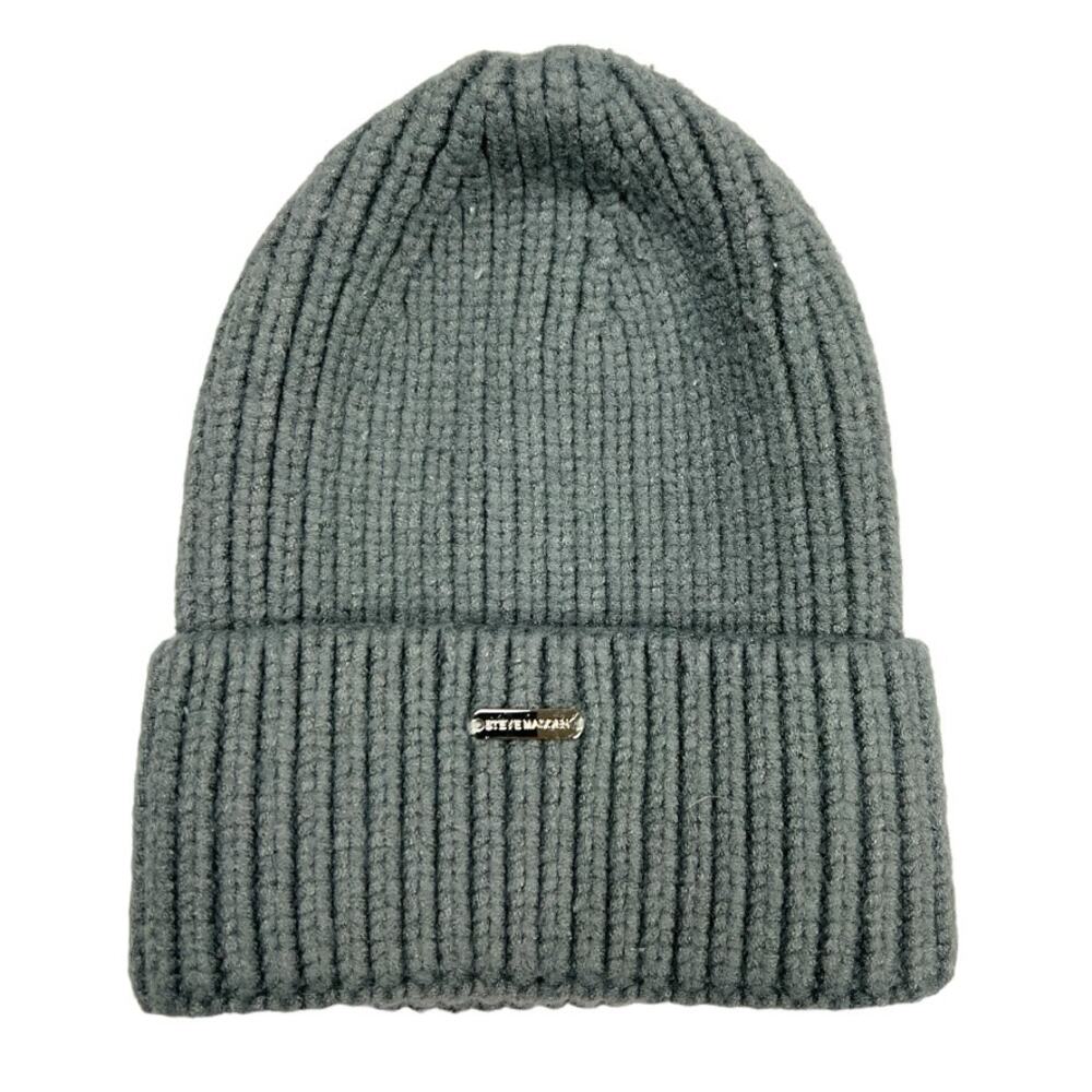 Steve Madden Beanie Dark Grey Ribbed Knit Winter Hat Women's One Size Neutrals